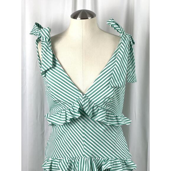 BCBGeneration Tie Shoulder Green And White Stripe Ruffle Dress 6 - Picture 7 of 16
